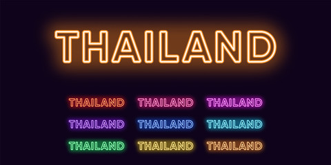 Neon Thailand name, Asian Country. Neon text of Thailand. Vector set of glowing Headlines