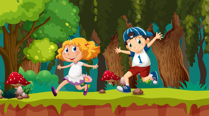 Kids running in woods scene
