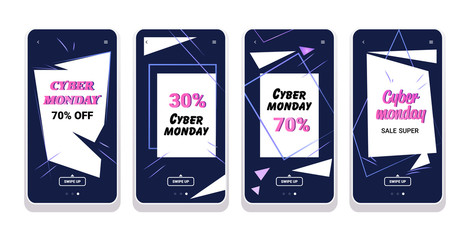 big sale cyber monday stickers collection special offer promo marketing holiday shopping concept smartphone screens set online mobile app advertising campaign banners horizontal vector illustration