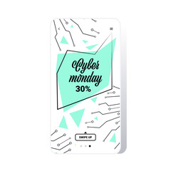big sale cyber monday circuit board sticker special offer promo marketing holiday shopping concept smartphone screen online mobile app advertising campaign banner vector illustration