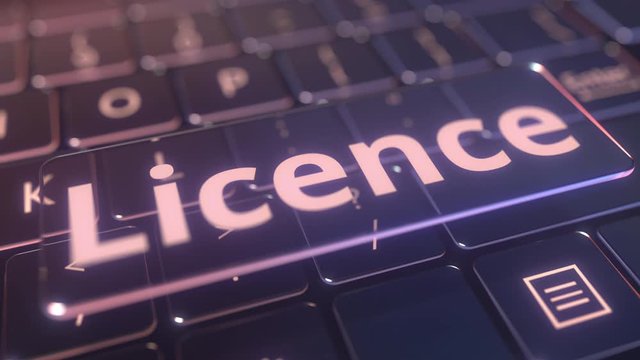 Futuristic computer keyboard and transparent licence message. Conceptual 3D animation