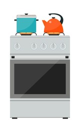 Modern gas stove, pot and kettle on it on flame. Home kitchen stove. Preparing food, cooking. Vector illustration in flat style.