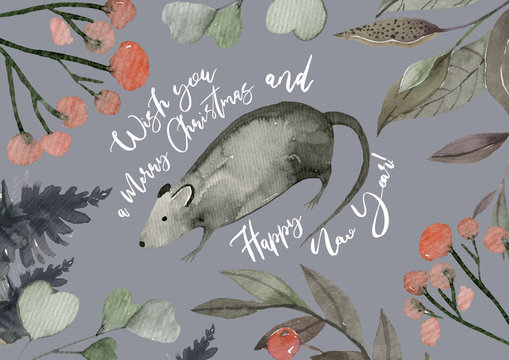 Merry Christmas calligraphic lettering text. Greeting card design with floral plants xmas elements. Modern winter season postcard, brochure, wall art design