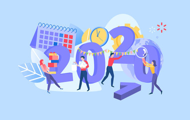 Infographic banner template with people, clock, calendar and 2020 date. Project planning, scheduling, time management. New Years corporate party. Modern flat vector illustration.