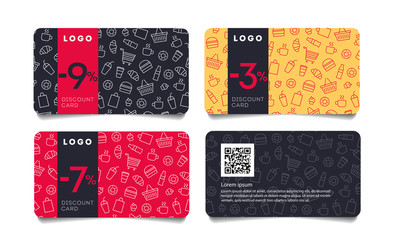 Discount card or voucher, fast food template layout with linear pattern of food and drinks and logo and percent number