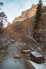 Ordesa National Valley in snowy autumn, located in Pyrenees Spain