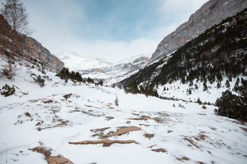 Ordesa National Valley in snowy autumn, located in Pyrenees Spain