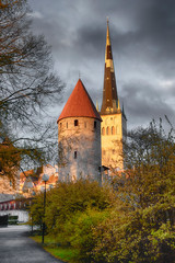 Church and Tower of St. Olaf  and the tower of the old castle in the city of Tallinn in Estonia at...