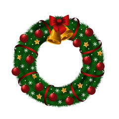 Fototapeta na wymiar Christmas wreath with fir brunches, christmas bells, bow and other decorations. Isolated on white background.