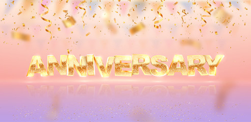 Golden anniversary word 3d vector illustration. Birthday celebration banner template. Soft light background with confetti falling down.