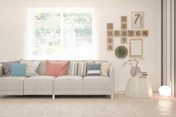 Modern living room in white color with sofa, colorful pillows and wooden table. Scandinavian interior design. 3D illustration