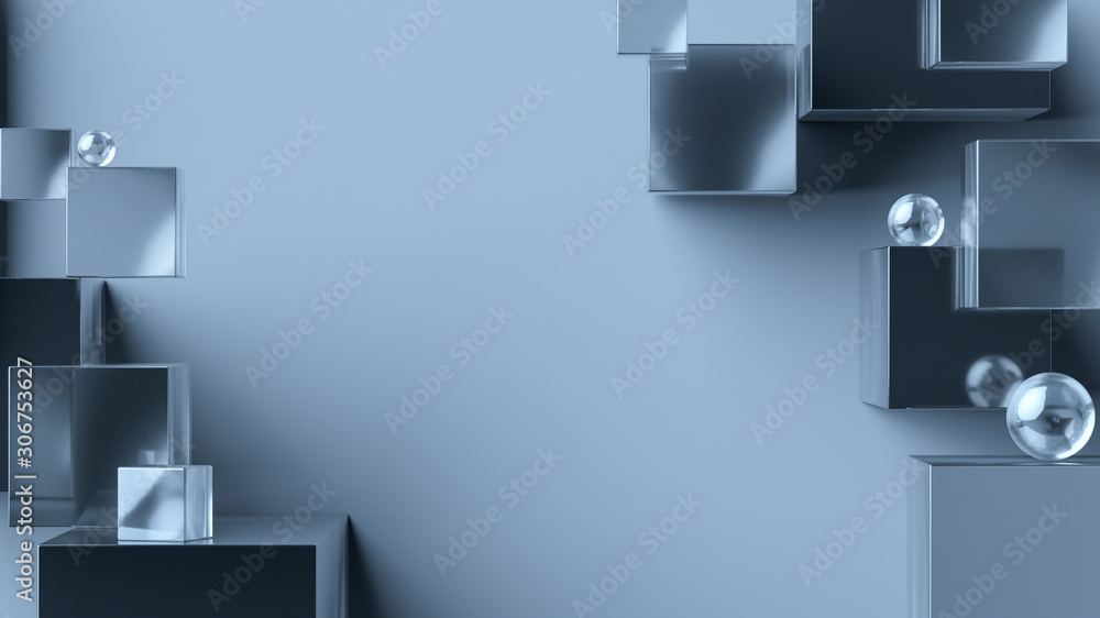 Poster abstract geometric background with copy space. overlapping metallic and glass 3d cubes and spheres. 