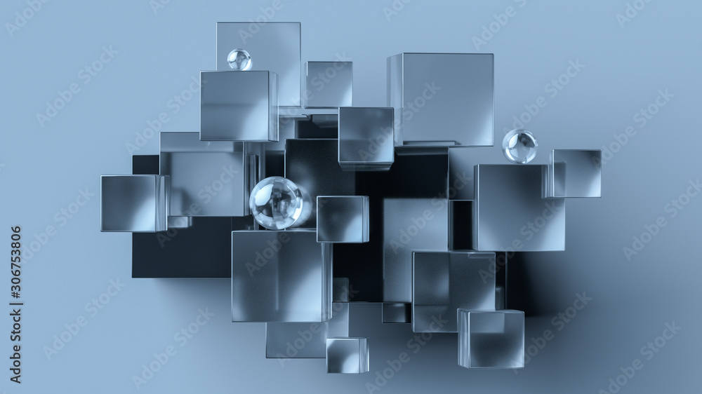 Fototapete glass and metal cubes and spheres abstract geometric background. 3d rendering minimal composition