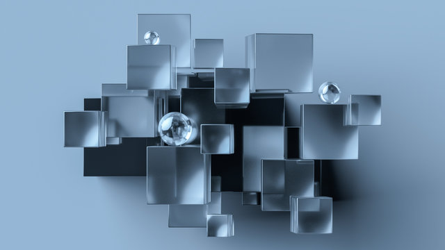 Fototapeta Glass and metal cubes and spheres abstract geometric background. 3d rendering minimal composition