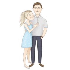 Watercolor illustration of a couple in love who is hugging. Hand-drawn. Full-length characters on a white background,isolated. Can be used for postcards, posters, textiles, logo