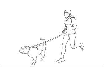 one line drawing of man running with dog