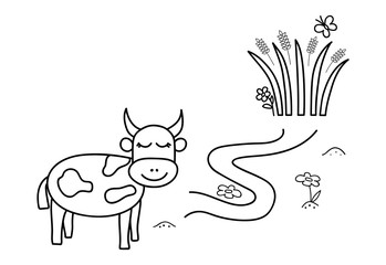 Black coloring pages with maze. Cartoon cow and grass. Kids education art game. Template design with pet on white background. Outline vector
