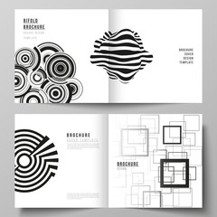 The vector layout of two covers templates for square design bifold brochure, magazine, flyer, booklet. Trendy geometric abstract background in minimalistic flat style with dynamic composition.