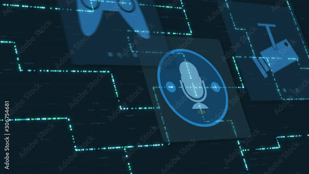 Aufkleber voice assistant with network grid and icons about iot and home automation