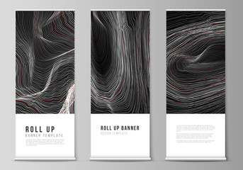 The vector illustration of the editable layout of roll up banner stands, vertical flyers, flags design business templates. 3D grid surface, wavy vector background with ripple effect.