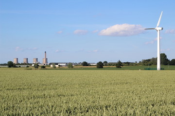 Green wheat field with wind turbine in background with blue sky and clouds on summers day, North Yorkshire,Britain ,UK