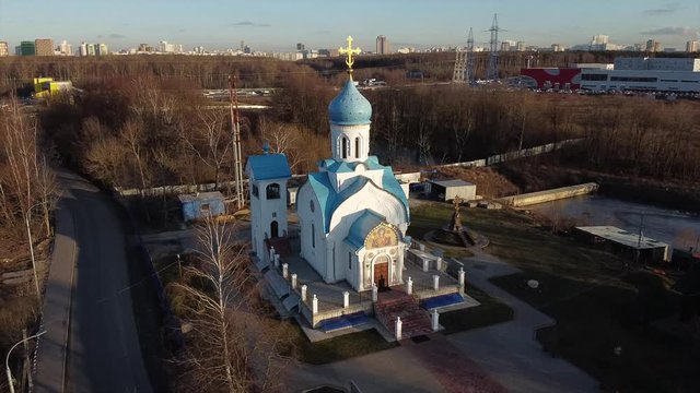 Aerial: Orthodox Church of Nativity of the Blessed Virgin Mary, Govorovo, Moscow, Russia. Circle reveal shot