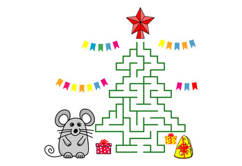 Obraz na płótnie Canvas Maze game with cartoon mouse and fir-tree. Kids education art game. Color template design with pet on white background. Outline vector