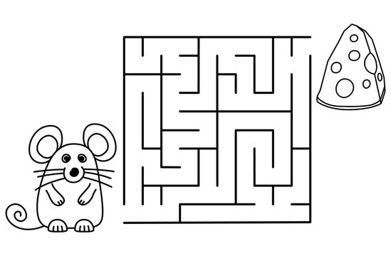 Black coloring pages with maze. Cartoon mouse and cheese. Kids education art game. Template design with pet on white background. Outline vector