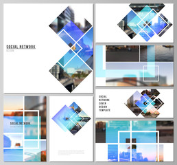 The minimalistic abstract vector illustration of the editable layouts of modern social network mockups in popular formats. Creative trendy style mockups, blue color trendy design backgrounds.