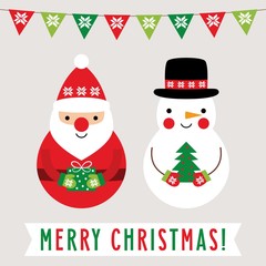 Christmas greeting card with Santa Claus and snowman