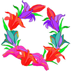 Fototapeta na wymiar Wreath with bright flowers lilies for greetings