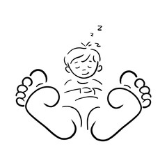 Niedlicher Junge liegt barfuß die Füße voran. Er schläft und lächelt und schnarcht, die Hände auf dem Bauch. Vektor, Design, Logo, Symbol, Vorlage, Layout, Template