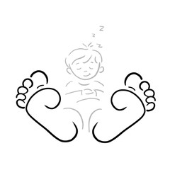 Niedlicher Junge liegt barfuß die Füße voran. Er schläft und lächelt und schnarcht, die Hände auf dem Bauch. Vektor, Design, Logo, Symbol, Vorlage, Template, Layout 