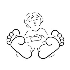 Bauchschmerzen. Junge liegt barfuß, Beine weit von sich gestreckt, Hält sich den Bauch. Hat Schmerzen oder schläft und ruht sich aus. schwarzweiß Logo design, vorlage, template, barefeet boy
