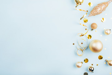 Fototapeta na wymiar New Year bright balls and gold serpentine, Christmas background, new year concept 2020