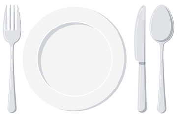 Empty white plate with spoon, knife and fork isolated on a white background.