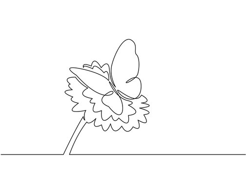 Beautiful flower  with butterfly. Continuous one line sign drawing. Vector illustration