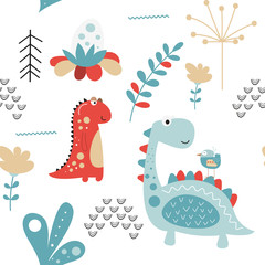 Seamless pattern with hand drawn dinosaurs, birds, dino eggs in scandinavian style. Vector Illustration. Kids illustration for nursery design. Great for baby clothes, wrapping paper.