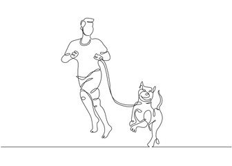Fototapeta na wymiar one line drawing of man running with dog