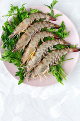 Fresh raw fish from above on white background. Seafood. Flat lay. Octopus. Prawns. St. Peter