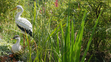 Heron and duck birds from a polystone in the garden near an artificial reservoi. Garden design. Garden decoration.