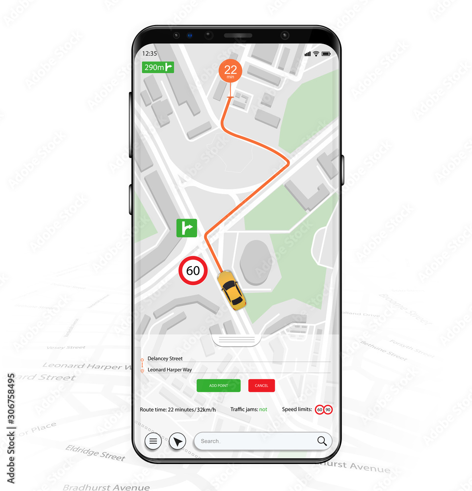 Poster Map GPS navigation mockup screen. Smartphone UI UX KIT Mobile App. Thoughtful and simple application shows roads, speed limit, time. Application search map navigation, Finish pinpoint on the way. 