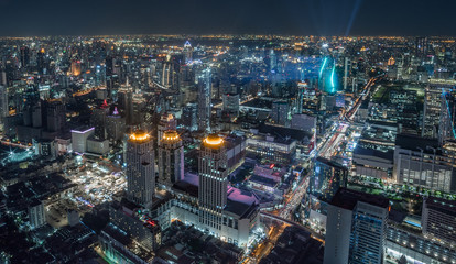Aerial Panoramic Cityscape View of Bangkok with Street Lights at Night