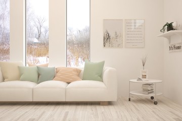 Stylish room in white color with sofa and winter landscape in window. Scandinavian interior design. 3D illustration