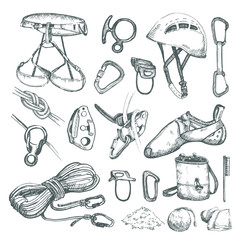 Hand drawn climbing equipment set.  - obrazy, fototapety, plakaty