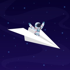 Astronaut on paper airplane. Cosmonaut, space traveler flies through starry galaxy. Universe explorer, spaceman vector childish concept