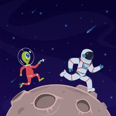 Astronaut and alien. Spaceman runs away from alien humanoid with blaster gun. War in space cartoon vector childish concept