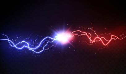 Lightning collision. Powerful colored lightnings, electric forces thunderbolt clash electrical energy sparkling blast, vector versus concept