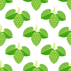 Seamless pattern with hop cones and leaves on white background.