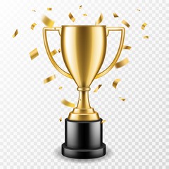 Trophy cup. Champion trophy, shiny golden cup and falling confetti, sport award. Winner prize, champions realistic vector concept - obrazy, fototapety, plakaty